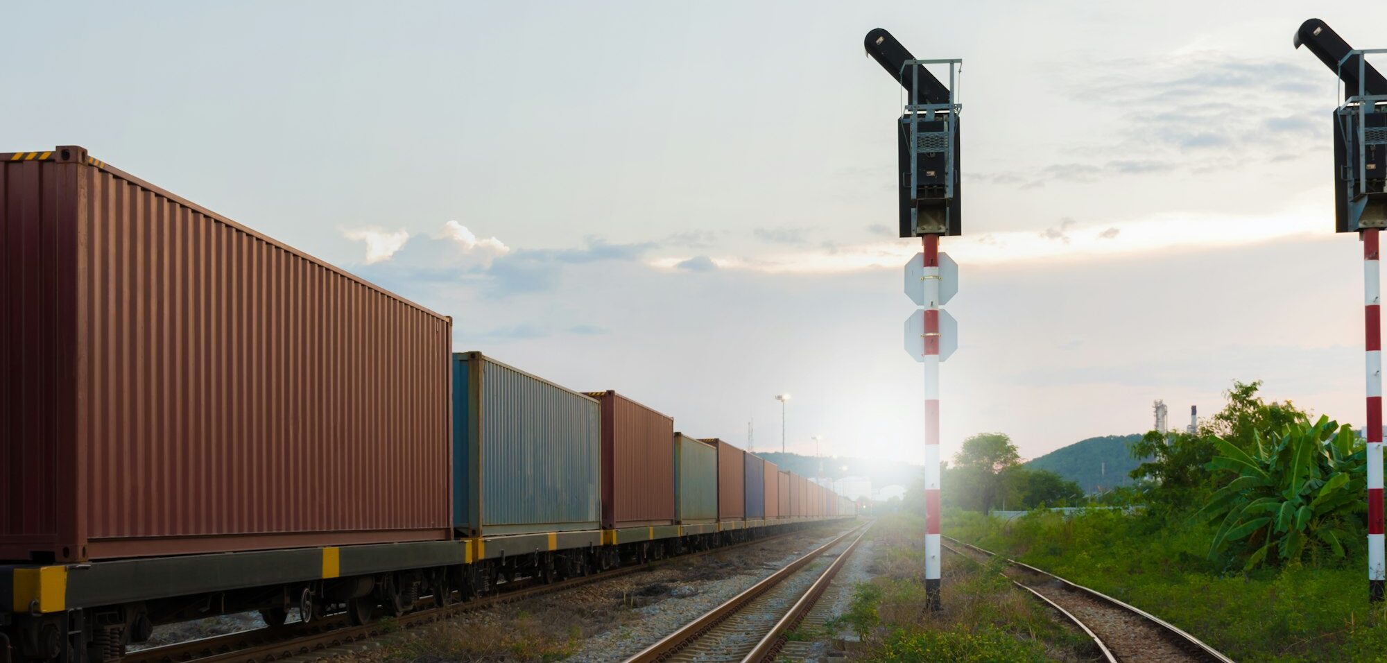 Cargo container train at cargo yard port concept service and transportation logistic